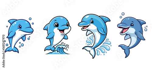 Cartoon dolphins jump, smile, and play. Marine life, playful, underwater, fun, oceanic, sea life, happy, animals, mammals, adorable, water, ocean, blue