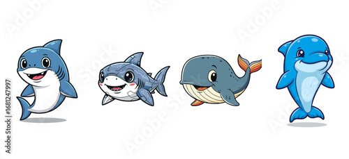 Cute cartoon sea animals smiling happily. Marine life, ocean creatures, joyful, whimsical, aquatic, animation