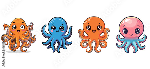 Cute cartoon octopuses wink, smile and pose. Vector illustration, sea life, ocean, happy, kawaii, adorable, friendly, marine animals, sea creature, tentacles, playful.