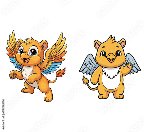 Cartoon griffins smiling and waving. Cute mythical creatures, animal character, friendly, fantasy, illustration