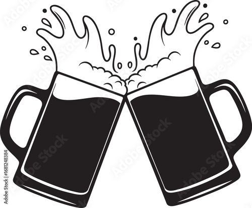 Two frothy beer mugs clinking together in celebration