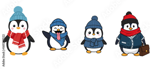 Penguin cartoon characters wearing winter clothes. Cute birds dressed up for winter. Holiday, christmas, seasonal, vector, animal, fun, joy, wildlife, cold