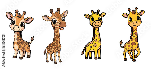 Four cartoon giraffes stand smiling. Cute animal illustration, vector art, wildlife, nature, funny, happy, friendly, cheerful, zoo, playful, safari, sweet