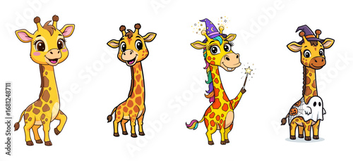 Cute cartoon giraffes in Halloween costumes stand smiling. Halloween, giraffe, costume, adorable, funny, festive, animal, wizard, ghost, magical, fun.