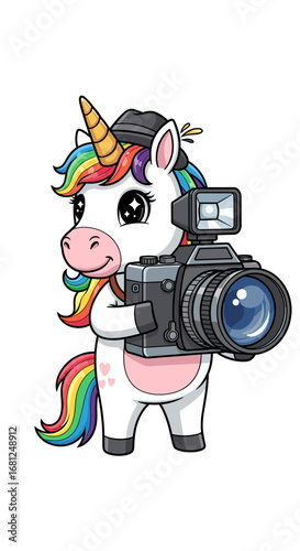 Unicorn photographer holds camera, ready to snap photos. Cute animal, cartoon, fantasy, rainbow, photography, hobby, happy.