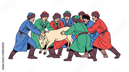 Kokpar: A group of men fiercely engage in a traditional Kokpar game, embodying the spirit of strength, unity, and the thrill of competition.