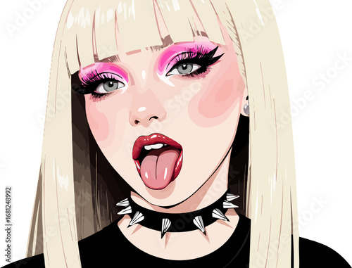 Pop art illustration of a punk-rock girl with vibrant pink eyeshadow and a playful expression