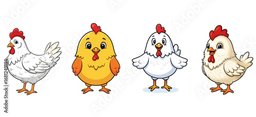 Four cartoon chickens stand side-by-side. Farm animals, poultry, cute, illustration, character, fowl, bird, livestock, drawing, domestic, farm, art.