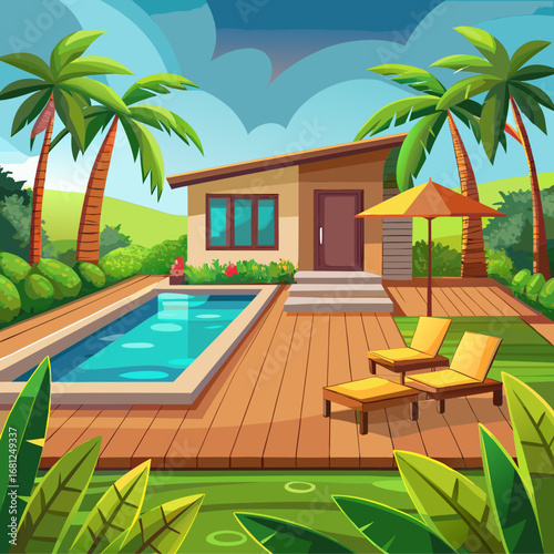 Vibrant cartoon villa poolside oasis lush tropical getaway leisure paradise illustration