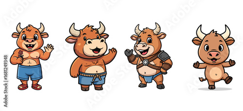 Cartoon bulls stand waving. Mascot characters, zodiac animals, fantasy bull collection, vector art, cute design, comic.
