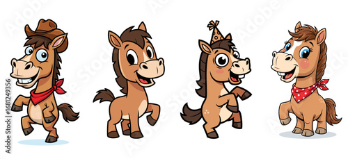Cartoon horses stand in a row, smiling. Cowboy, party, animal friends, cute, happiness