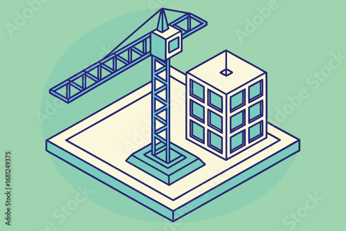 Isometric illustration of a construction crane next to a building on a light green background