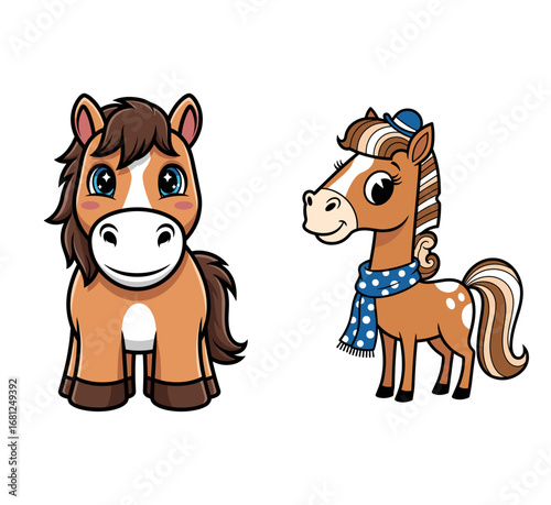 Two cute cartoon horses stand happily. Friendly animals, cheerful art, fairytale illustration, pony, lovely, funny, whimsical, equine, pets, characters