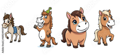 Cartoon horses pose with smiles and expressions. Cute, playful, animal, pony, illustration, drawing