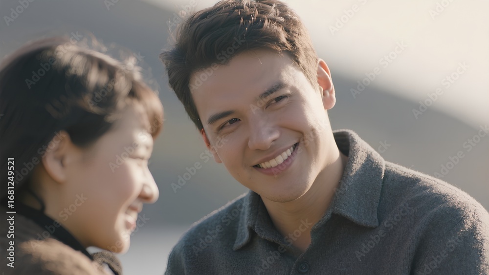 Fototapeta premium Couple Sharing a Happy Moment Outdoors Under Sunlight