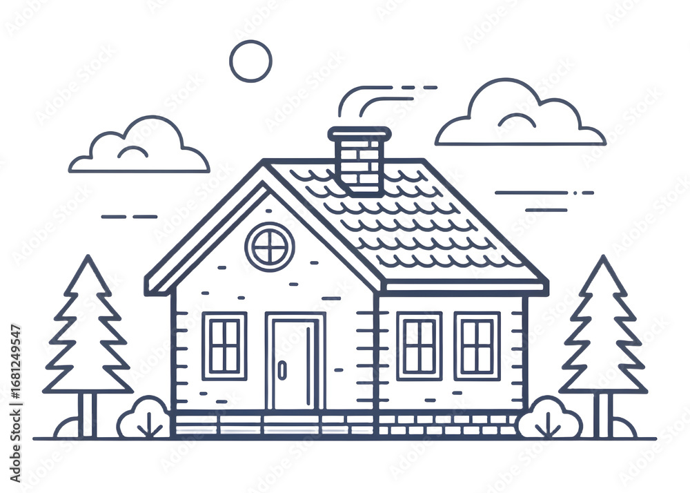 Fototapeta premium Simple home design — house outline with roof and chimney, 2pt stroke, centered SVG