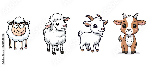Cartoon sheep and goats stand cheerfully. Livestock illustration, farm animals, cute drawing, cheerful, happy, comic style