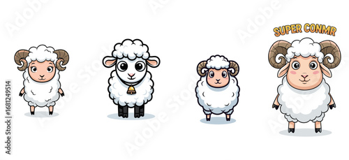 Cute cartoon sheep character set stands on white. Adorable farm animals, comic, vector, illustration, happy, cheerful, mascot, design, lambs, wool, graphic