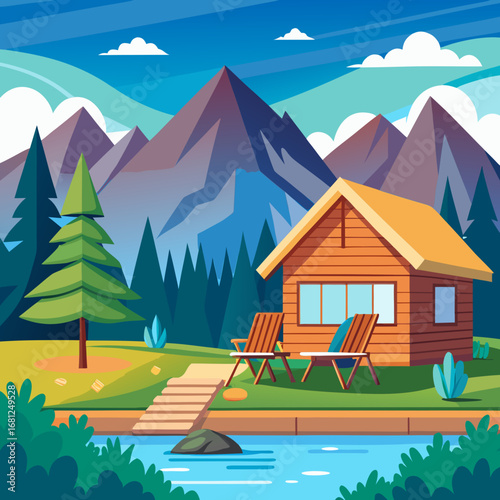 Cozy wooden cabin with deck chairs by serene mountain lake scenic landscape illustration