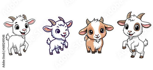 Cute goats stand and smile. Animal cartoon illustration, farm life, character design, fun, farm animals, livestock, cheerful, happy, kid-friendly art.
