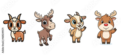 Cute cartoon animals stand side by side. Animal characters, comic style, illustration, reindeer, moose, goat.