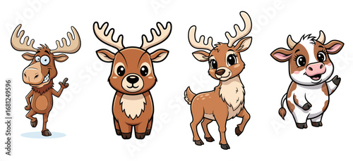 Cute cartoon animal set including moose, deer, and cow. Woodland creatures, wildlife, childish, funny, fun, farm animal, happy, cartoon, illustration.