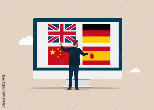 Student user online courses for learning different languages. Online translator. People multi language communication. Linguist. Flat vector illustration. Flat modern vector illustration. 