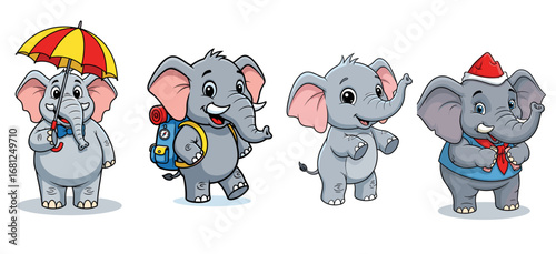 Cartoon elephants show personality with props. Cute, whimsy, happy, fun, childish, joyful, adorable, cheerful, charming, friendship, playful, animal illustration