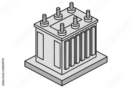 Isometric illustration of a grey electrical transformer with bolts on white background power