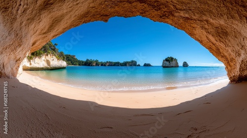 Stunning panoramic view of Cathedral Cove beach in New Zealand, showcasing pristine nature and vibrant scenery without any visitors.