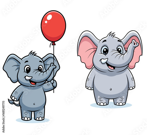 Cartoon elephants smile; one holds balloon. Cute animals, friendship, happiness, kids art, celebration, party, funny, joyful