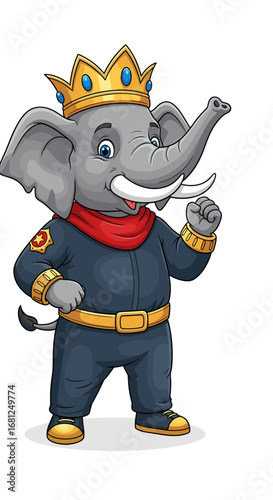 Elephant in suit with crown waves hand. Cartoon animal king, character mascot, royal, cheerful, dressed up