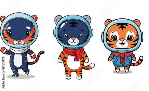 Cute tigers wear astronaut helmets, ready for space exploration. Cartoon animals, adventure, future, kids, funny, travel, graphic design, vector illustration.