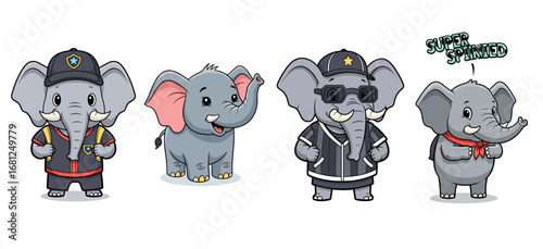 Elephants wearing cool outfits. Cute cartoon animals with style and charisma, fashion, wildlife, humor, modern