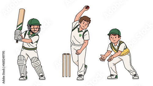 Cricket Action Illustration: Dynamic illustrations capture the essence of a cricket match, showcasing players in full swing. With a batsman ready, a bowler delivering, and a fielder poised.