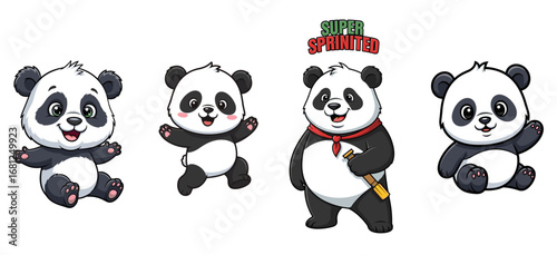Cartoon panda characters pose on a white background. Cute, playful, happy, fun, illustration