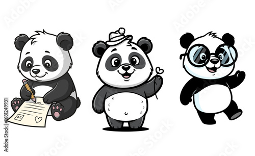 Pandas expressing love and writing letter. Cartoon illustration, cute animals, friendship, happy, creative, writing, love, hat, glasses, panda bear.