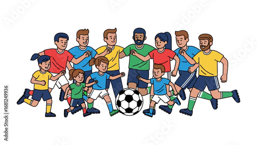 Football Family: A joyful illustration capturing a diverse family united in their love for football. A mix of generations enthusiastically gather, celebrating their passion for the beautiful game.