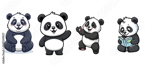 Cute panda bears, varied poses. Cartoon wildlife, animal illustration, adorable, baby, mascot, cheerful, nature.
