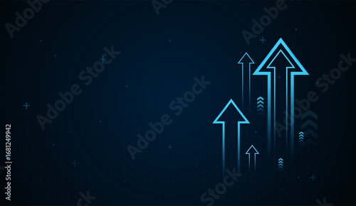Glowing blue arrows rise against a dark digital grid, symbolizing growth, ambition, and forward progress. The largest arrow stands out, representing leadership and strong upward