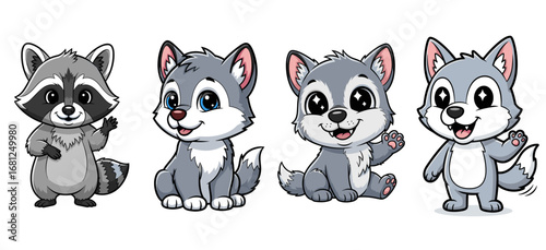 Cute cartoon animals waving on white background. Characters, wolf, raccoon, mammal, illustration, baby, childish