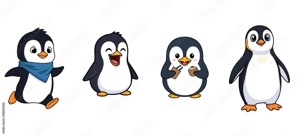 Naklejka premium Cute penguins, characters set. Cartoon animals, funny and happy. Illustration, wildlife, antarctica, polar, ice, birds, animal, nature, baby, comic.