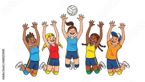 Volleyball Team’s Triumph: Five happy individuals jump in the air to spiking the volleyball, perfect for illustrating teamwork, success, and competitive spirit.