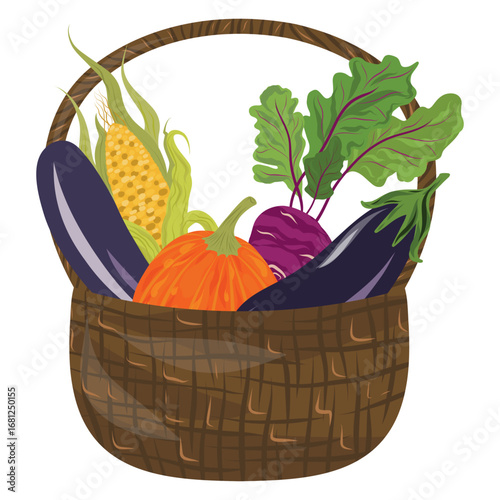 Rustic Vegetable Basket illustration, Farm Basket Collection, Autumn Basket
