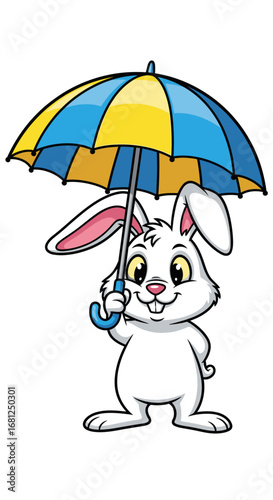 Bunny holds blue and yellow umbrella cartoon. Cute rabbit with umbrella illustration. Rain protection, animal, cartoon, cheerful.
