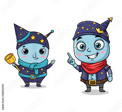 Cartoon wizards pose with magic. Fantasy characters, funny, mage, sorcerer, spell, magical, fairytale, mascot, comic, design, cute, fun