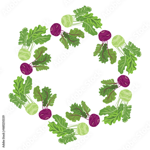 Purple and green Kohlrabi Circle Frame, Root Wreath, Garden Wreath illustration