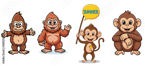Cute cartoon monkeys characters posing. Playful animals, wildlife mascot, ape, summer vacation, primates, wildlife, zoo, jungle, fun, happy, playful, nature