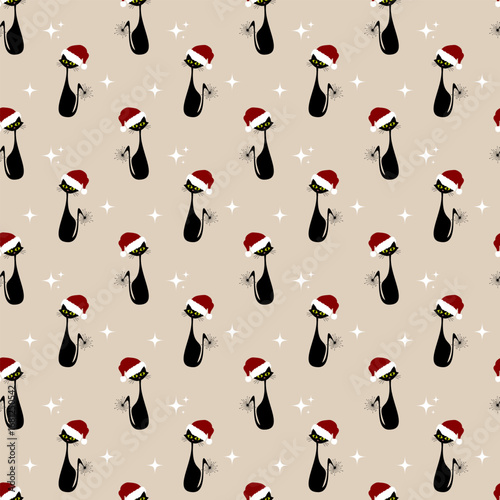 Christmas Cat Seamless Pattern Retro Background Atomic Age Black Cat Repeating Design Mid Century Modern Digital Wrapping Paper Print Fabric Textile Design