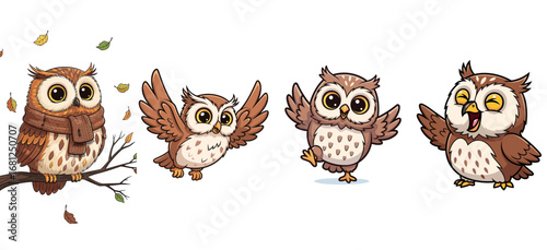 Cartoon owls in various poses, cute and charming. Whimsical creatures, autumn, birds, illustration, art, graphic, cartoon, childish, fantasy.